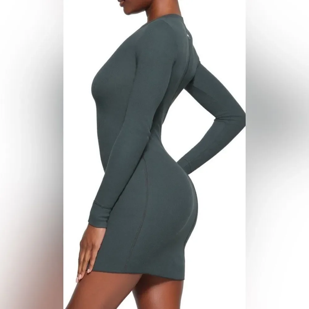 SKIMS Cotton Rib Long Sleeve Dress Olive Green XS NWT